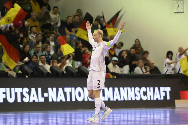 Christopher Wittig (GER) celebrates after scoring his goal in the 2-2 Futsal World Cup qualifying match between Germany and Lithuania (4-2), on October 18, 2026, at the Westenergie Sporthalle in Mülheim an der Ruhr, Germany