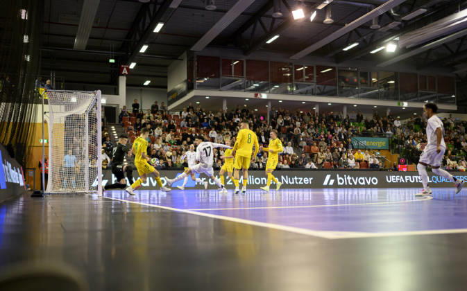 Scoring chance by Kim Herterich (GER) against goalkeeper Ernestas Macenis (LIT), action, tackle, during the Futsal World Cup qualifying match between Germany and Lithuania (4–2) at the Westenergie Sporthalle on October 18, 2026, in Mülheim an der Ruhr, Germany, Westenergie Sporthalle