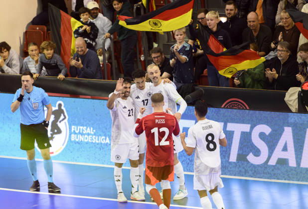 Celebration by Matias Block (GER) after his goal to make it 4–2; from left to right: Matias Block (GER), Kim Herterich (GER), Christopher Wittig (GER), goalkeeper Philipp Pless (GER), Gabriel Oliveira (GER). Futsal World Cup qualifying match: Germany vs. Lithuania, 4–2, on October 18, 2026, in Mülheim an der Ruhr, Germany, at the Westenergie Sporthalle.