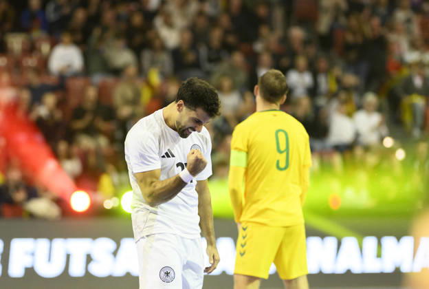 Matias Block (GER) celebrates after scoring a goal in the Futsal World Cup qualifying match between Germany and Lithuania (4–2) on October 18, 2026, at the Westenergie Sporthalle in Mülheim an der Ruhr, Germany