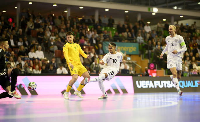 Scoring chance by Fouad Aghnima (GER) against goalkeeper Ernestas Macenis (L) and Albert Voskunovic (LIT), action, tackle, r Christopher Wittig (GER) Futsal World Cup Qualifier: Germany vs. Lithuania 4–2, on October 18, 2026, in Mülheim an der Ruhr, Germany, at the Westenergie Sporthalle