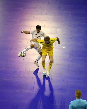 l r Matias Block (GER), Ignas Rastutis (LIT), Action, One-on-one, Futsal World Cup Qualifier: Germany vs. Lithuania 4–2, on October 18, 2026, in Mülheim an der Ruhr, Germany, at the Westenergie Sporthalle