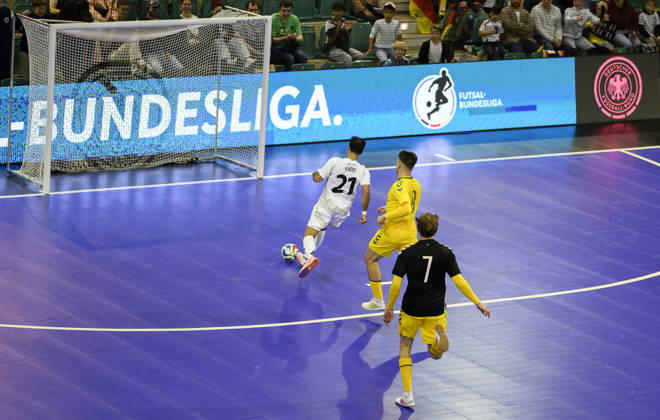 Matias Block (GER) scores the goal to make it 4–2 during the Futsal World Cup qualifying match between Germany and Lithuania (4–2) on October 18, 2026, at the Westenergie Sporthalle in Mülheim an der Ruhr, Germany.