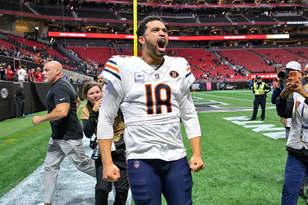 ATLANTA, GA - OCTOBER 18: Chicago quarterback Caleb Williams (18) reacts following the conclusion of the NFL, American Football Herren, USA game between the Chicago Bears and the Atlanta Falcons on October 18th, 2026 at Mercedes-Benz Stadium in Atlanta, GA. (Photo by Rich von Biberstein Icon Sportswire) NFL: OCT 18 Bears at Falcons EDITORIAL USE ONLY Icon261018025