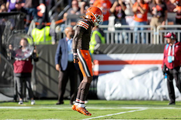 CLEVELAND, OH - OCTOBER 18: Cleveland Browns wide receiver Jerry Jeudy (3) reacts after making a catch during the fourth quarter of the National Football League game between the Baltimore Ravens and Cleveland Browns on October 18, 2026, at Huntington Bank Field in Cleveland, OH. (Photo by Frank Jansky Icon Sportswire) NFL, American Football Herren, USA OCT 18 Ravens at Browns EDITORIAL USE ONLY Icon261018031