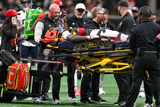 ATLANTA, GA - OCTOBER 18: Atlanta linebacker Kendal Daniels (53) is carted off the field with an injury during the NFL, American Football Herren, USA game between the Chicago Bears and the Atlanta Falcons on October 18th, 2026 at Mercedes-Benz Stadium in Atlanta, GA. (Photo by Rich von Biberstein Icon Sportswire) NFL: OCT 18 Bears at Falcons EDITORIAL USE ONLY Icon261018027