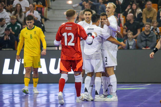 October 18, 2026, xsefx, Futsal, World Cup Qualifiers, Germany vs. Lithuania, Westenergie Sports Hall, Mülheim an der Ruhr, 2026–2027 season. Goal celebration after the 1–0 goal scored by Matias Block (Germany 21) alongside Christopher Wittig (Germany 02), Goalkeeper Philipp Pless (Germany 12), Gabriel Oliveira (Germany 08). DFB regulations prohibit any use of photographs as image sequences and or quasi-video. North Rhine-Westphalia, Germany