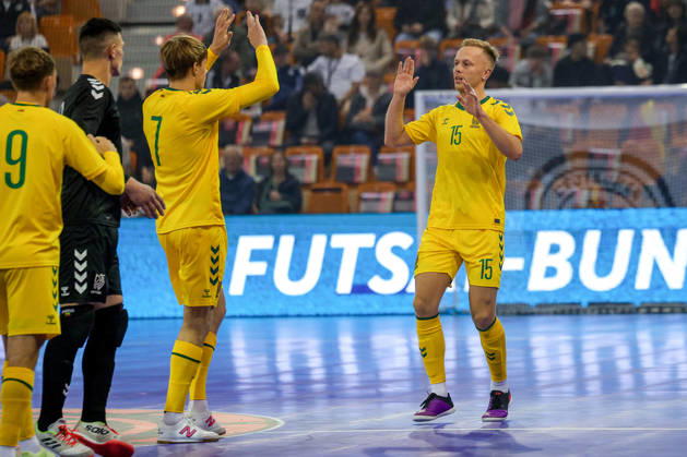 October 18, 2026, xsefx, Futsal, World Cup Qualifier, Germany vs. Lithuania, Westenergie Sports Hall, Mülheim an der Ruhr, 2026–2027 Season: Goal celebration after the 1–1 goal by scorer Paulius Osauskas (Lithuania 17), together with Benas Spietinis (Lithuania 07) and Justinas Zagurskas (Lithuania 09). DFB regulations prohibit any use of photographs as image sequences and or quasi video in North Rhine-Westphalia, Germany