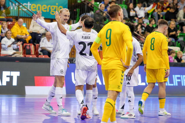 October 18, 2026, xsefx, Futsal, World Cup Qualifier, Germany vs. Lithuania, Westenergie Sports Hall, Mülheim an der Ruhr, 2026–2027 Season: Celebrations after the 2–2 goal scored by Christopher Wittig (Germany 02) alongside Matias Block (Germany 21). DFB regulations prohibit any use of photographs as image sequences and or quasi-video. North Rhine-Westphalia, Germany