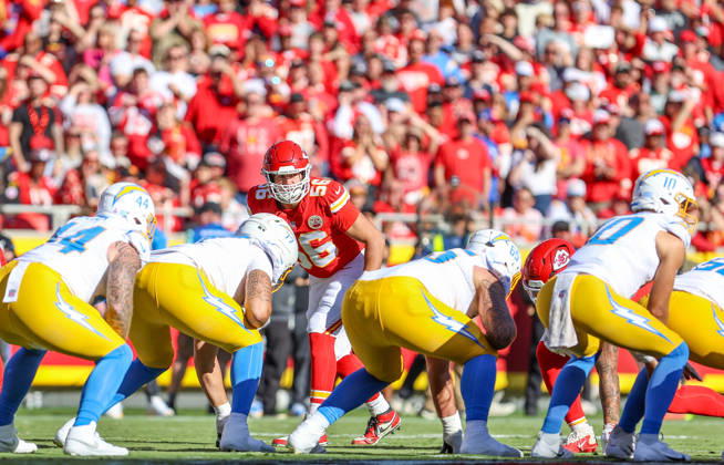 Oct 18, 2026: Kansas City Chiefs defensive end George Karlaftis (56) lines up for a play against the Los Angeles Chargers in Kansas City, MO, USA; at Arrowhead Stadium. Mandatory Credit: -Cal Media Kansas City USA - ZUMAc04_ 20261018_zma_c04_239 Copyright: xRomanxPunox
