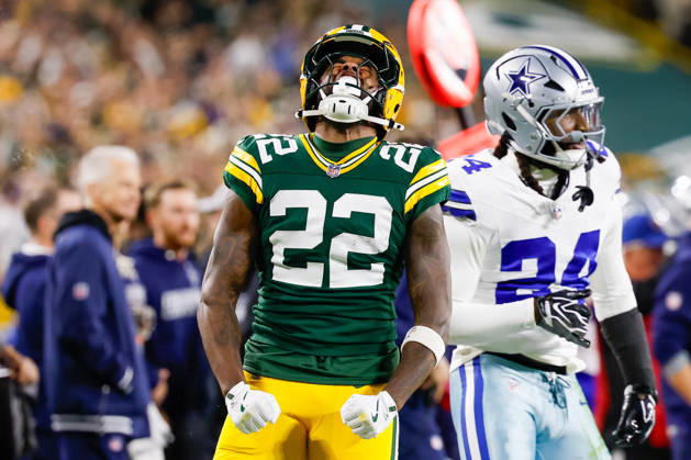 Oct 18, 2026; Green Bay, WI, USA; Green Bay Packers running back Pierre Strong Jr. (22) celebrates after making a first down during the NFL, American Football Herren, USA game against the Dallas Cowboys at Lambeau Field. Mandatory Credit: -Cal Media. NFL 2026: Cowboys Vs Packers OCT 18  - ZUMAc04_ 20261018_zma_c04_412 Copyright: xDarrenxLeex
