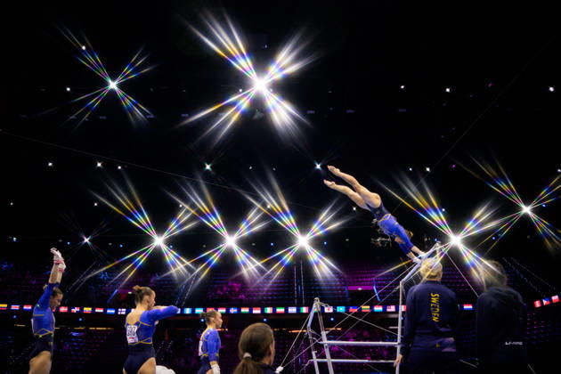 261019 Editor s note: An on-camera star filter was used to create this image. Maya Stahl, Nathalie Westlund, Emelie Westlund, and Alva Eriksson of Sweden warm up for the women s uneven bars qualifying round during day three of the 2026 Artistic Gymnastics World Championships on October 19, 2026 in Rotterdam. Photo by Joel Marklund, BILDBYRÅN, code JM JM0860 bbeng artistic gymnastics artistic gymnastics gymnastics world championships women’s artistic gymnastics artistic gymnastics gymnastics world championships women’s Sweden  Copyright: JOELxMARKLUND BB261019JM048