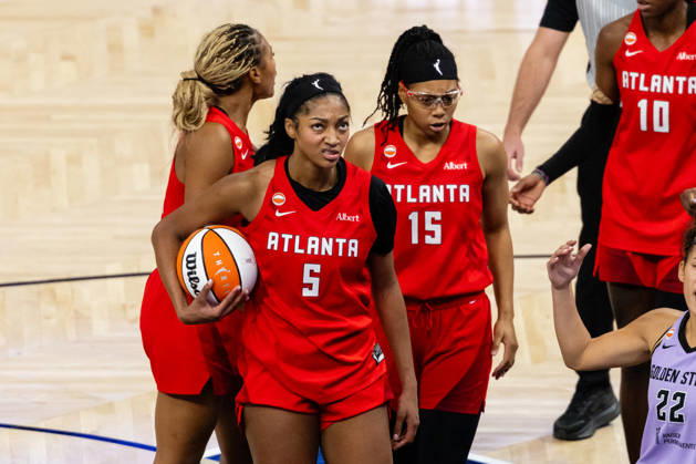 SAN FRANCISCO, CA - OCTOBER 19: Angel Reese 5 of the Atlanta Dream reacts to being fouled during Game Two of the WNBA, Basketball Damen, USA Finals against the Golden State Valkyries on October 19, 2026 at Chase Center in San Francisco, CA. (Photo by Matthew Huang Icon Sportswire) WNBA: OCT 19 Finals Atlanta Dream at Golden State Valkyries EDITORIAL USE ONLY Icon261019027