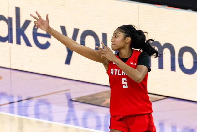 SAN FRANCISCO, CA - OCTOBER 19: Angel Reese 5 of the Atlanta Dream celebrates a three during Game Two of the WNBA, Basketball Damen, USA Finals against the Golden State Valkyries on October 19, 2026 at Chase Center in San Francisco, CA. (Photo by Matthew Huang Icon Sportswire) WNBA: OCT 19 Finals Atlanta Dream at Golden State Valkyries EDITORIAL USE ONLY Icon261019034