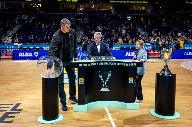 Basketball Berlin, October 19, 2026; 2026–2027 Season; Netto BBL Cup Round of 16; Alba Berlin; BMA365; Bamberg Baskets; Quarterfinal Draw; Patrick Femerling; Dr. Stefan Holz; Anett Sattler