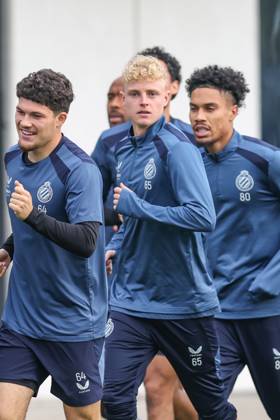 Club s Kyriani Sabbe; Club s Joaquin Seys and Club s Felix Lemarechal pictured during a training session of Belgian soccer team Club Brugge KV, Tuesday 20 October 2026 in Knokke-Heist. Club is preparing for the third game in the UEFA Champions League league phase against French team Racing Club de Lens tomorrow. BRUNOxFAHY  x190373035x