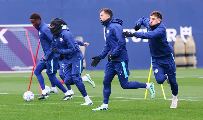RB Leipzig Training: Champions League, Leipzig, October 20, 2026, RB Academy, UEFA Champions League, RB Leipzig s final training session the day before Real Madrid vs. RB Leipzig. Pictured from left: Abdoul Kone, Johan Bakayoko, Christoph Baumgartner, and Brajan Gruda—all of RB Leipzig, Picture Point