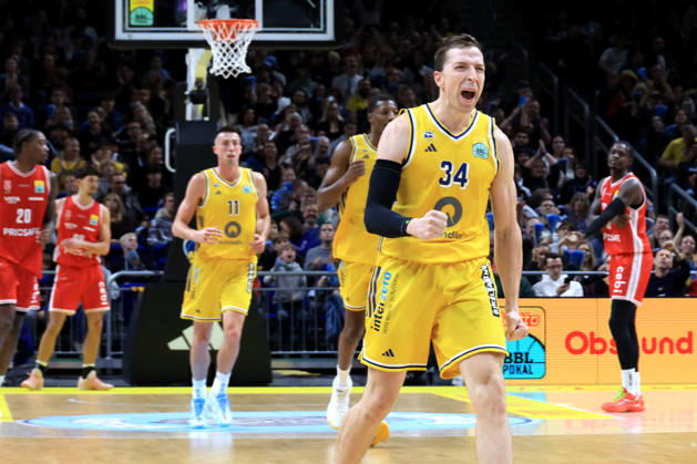 October 19, 2026, Germany, GER, DEU, Basketball, BBL Cup, Day 1, 2026–2027 Season, Berlin, ALBA Berlin vs. Bamberg, Justin Bean (ALBA Berlin) 34, celebration, cheering, joy, happiness, happy, positive emotions, nordphoto GmbH, Engler, Berlin, Uber Arena, Berlin, Germany Copyright: xNordphotox xEnglerx