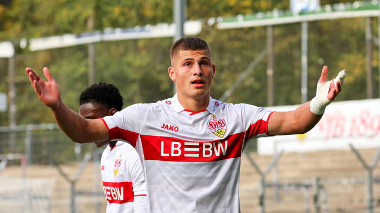 October 20, 2026, Stuttgart, U19 Champions League, 2026–2027 season, U19 Youth League: VfB Stuttgart vs. Atlético Madrid, celebration after the 1–1 goal, goal scorer Enis Redzepi (VfB)