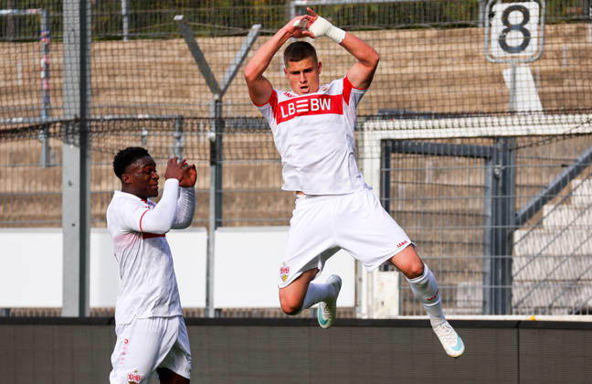 October 20, 2026, Stuttgart, U19 Champions League, 2026–2027 season, U19 Youth League: VfB Stuttgart vs. Atlético Madrid, celebration after the 1–1 goal, goal scorer Enis Redzepi (VfB)