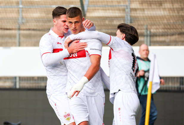 October 20, 2026, Stuttgart, U19 Champions League soccer, 2026–2027 season, U19 Youth League: VfB Stuttgart vs. Atlético Madrid, celebration after the 1–1 goal, goal scorer Enis Redzepi (VfB)