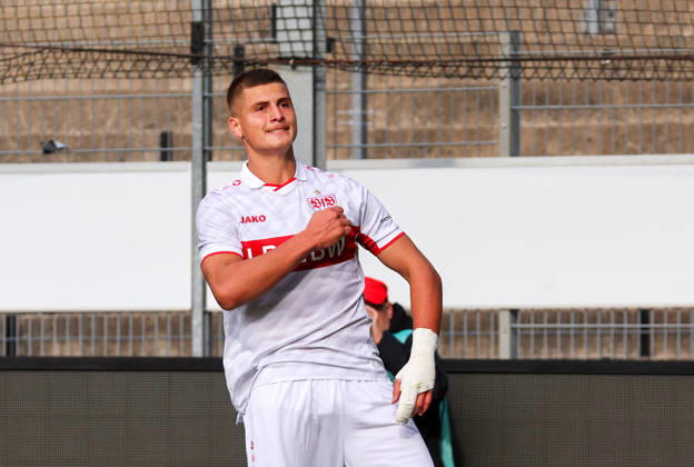 October 20, 2026, Stuttgart, U19 Champions League soccer, 2026–2027 season, U19 Youth League: VfB Stuttgart vs. Atlético Madrid, celebration after the 1–1 goal, goal scorer Enis Redzepi (VfB)