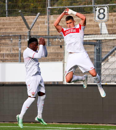 October 20, 2026, Stuttgart, U19 Champions League soccer, 2026–2027 season, U19 Youth League: VfB Stuttgart vs. Atlético Madrid, celebration after the 1–1 goal, goal scorer Enis Redzepi (VfB)