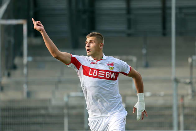 October 26, 2020 U19 VfB Stuttgart vs. U19 Atlético Madrid Germany, Stuttgart, October 20, 2026, Soccer, UEFA Youth League, 2026–2027 Season, U19 VfB Stuttgart vs. U19 Atlético Madrid, Enis Redzepi, U19 VfB Stuttgart, celebration, goal, penalty kick, 1–1, Redzepi