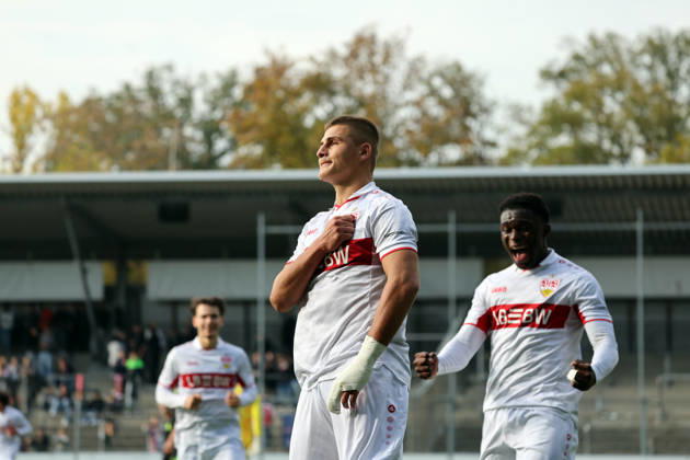 October 26, 2020 U19 VfB Stuttgart vs. U19 Atlético Madrid Germany, Stuttgart, October 20, 2026, Soccer, UEFA Youth League, 2026–2027 Season, U19 VfB Stuttgart vs. U19 Atlético Madrid, Enis Redzepi, U19 VfB Stuttgart, celebration, goal, penalty kick, 1–1, Redzepi