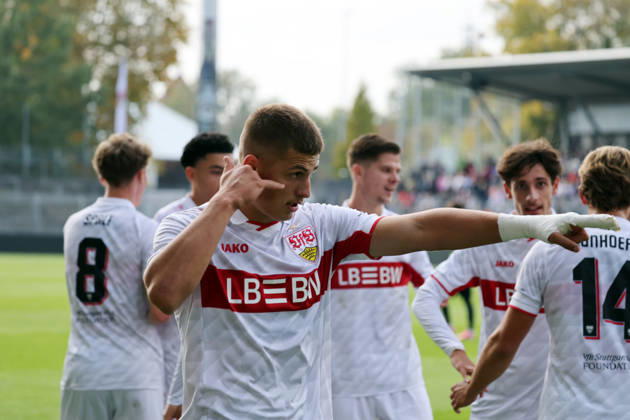 October 26, 2020 U19 VfB Stuttgart vs. U19 Atlético Madrid Germany, Stuttgart, October 20, 2026, Soccer, UEFA Youth League, 2026–2027 Season, U19 VfB Stuttgart vs. U19 Atlético Madrid, Enis Redzepi, U19 VfB Stuttgart, celebration, goal, penalty kick, 1–1, Redzepi