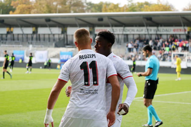 October 26, 2020 U19 VfB Stuttgart vs. U19 Atlético Madrid Germany, Stuttgart, October 20, 2026, Soccer, UEFA Youth League, 2026–2027 Season, U19 VfB Stuttgart vs. U19 Atlético Madrid: Enis Redzepi and Brayann Kenmoe, both of U19 VfB Stuttgart, celebrate a goal from a penalty kick; score 1–1; Redzepi