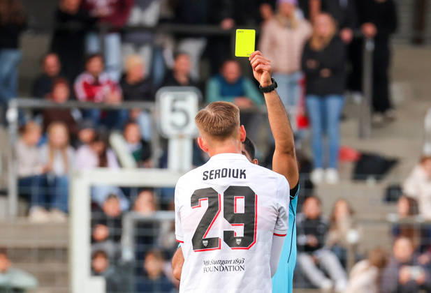 October 20, 2026, Stuttgart, U19 Champions League, 2026–2027 season, U19 Youth League: VfB Stuttgart vs. Atlético Madrid, Kirill Serdiuk (VfB) receives a yellow card