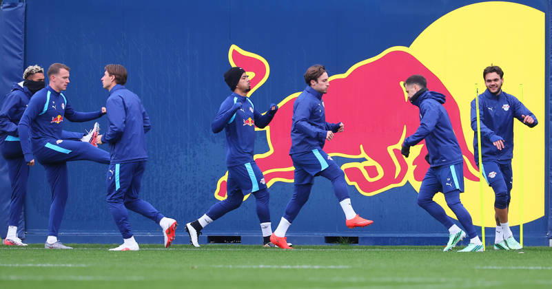 RB Leipzig Champions League Training, Leipzig, October 20, 2026, RB Academy, UEFA Champions League, RB Leipzig’s final training session on the day before Real Madrid vs. RB Leipzig. Pictured from left: Antonio Nusa, Lukas Klostermann, Willi Orban, Benjamin Henrichs, Rocco Reitz, Christoph Baumgartner, and Max Finkgräfe—all RB Leipzig players, Picture Point