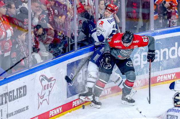 October 20, 2026, Ice Hockey, DEL, Kölner Haie vs. Schwenninger Wild Wings, Matchday 49, 2026–27 Season, Lanxess Arena, Cologne: Alex Trivellato (SWW 53) battles Patrick Russell (Cologne Sharks 63) for the puck along the boards in North Rhine-Westphalia, Germany