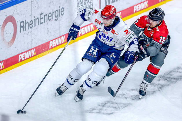 October 20, 2026, Ice hockey, DEL, Kölner Haie vs. Schwenninger Wild Wings, Matchday 49, 2026–27 season, Lanxess Arena, Cologne; Alexander Peters (SWW 06) in a one-on-one battle against Louis Marc Aubry (Kölner Haie); North Rhine-Westphalia, Germany