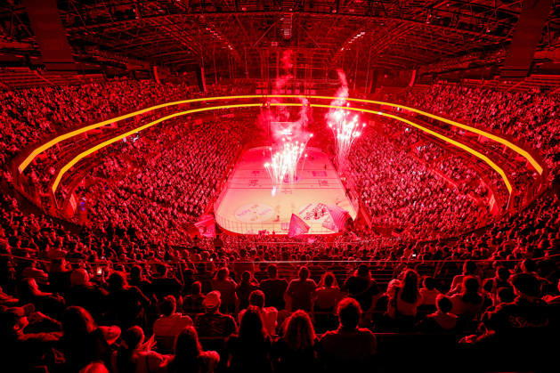 October 20, 2026, Ice Hockey, DEL, Kölner Haie vs. Schwenninger Wild Wings, Matchday 49, 2026–27 Season, Lanxess Arena Cologne, Interior view of the arena, Haie’s pre-game show featuring fire and pyrotechnics, North Rhine-Westphalia, Germany