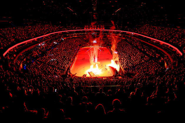 October 20, 2026, Ice Hockey, DEL, Kölner Haie vs. Schwenninger Wild Wings, Matchday 49, 2026–27 Season, Lanxess Arena Cologne, Interior view of the arena, Haie’s pre-game show featuring fire and pyrotechnics, North Rhine-Westphalia, Germany