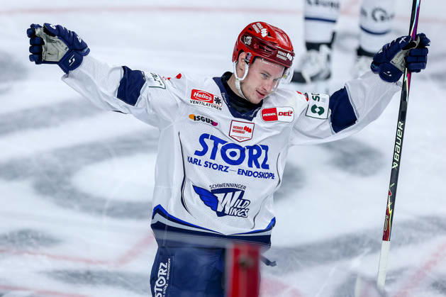 October 20, 2026, Ice hockey, DEL, Kölner Haie vs. Schwenninger Wild Wings, Matchday 49, 2026–27 season, Lanxess Arena, Cologne; celebration after the 1–0 goal scored by Philip Feist (SWW 09), along with North Rhine-Westphalia, Germany