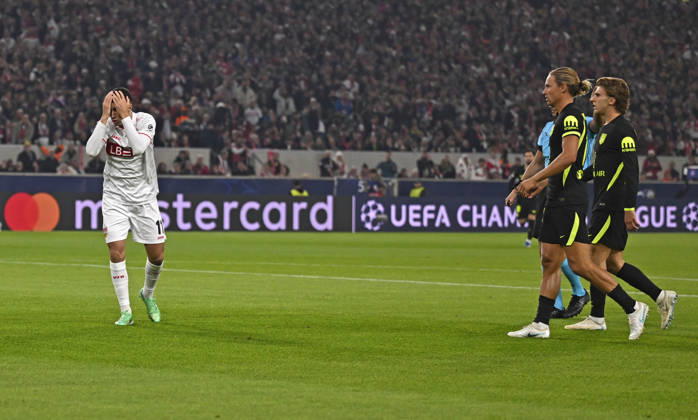 October 20, 2026, Soccer: 2026–2027 UEFA Champions League, Matchday 3, VfB Stuttgart vs. Atlético Madrid, at the MHP Arena in Stuttgart, Bilal El Khannouss of Stuttgart covers his face with his hands