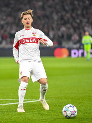 Angelo Stiller of VfB Stuttgart controls the ball during the 2026–2027 UEFA Champions League match between Stuttgart and Atlético de Madrid at Arena Stuttgart on October 20, 2026, in Stuttgart, Germany. Photo by Harry Langer, DeFodi Images