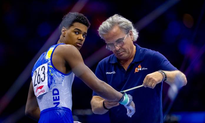 ROTTERDAM - Elijah Faverus in action during the men s team final at the World Gymnastics Championships in Rotterdam Ahoy. IRIS VAN DEN BROEK ANP xVIxANPxSportx xxANPxIVx 573090801 originalFilename: 573090801.jpg