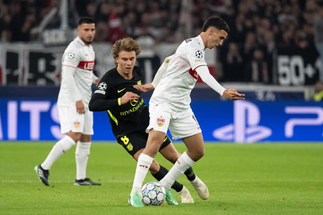 October 20, 2026, GER, Soccer, Men s, UEFA Champions League, 2026–2027 Season, Matchday 3, VfB Stuttgart vs. Atlético Madrid, Pablo Barrios (Atlético Madrid), 08, Bilal El Khannouss (VfB Stuttgart), 11, Stuttgart MHP Arena, Baden-Württemberg, Germany Copyright: xNordphoto WolfgangxFrankx
