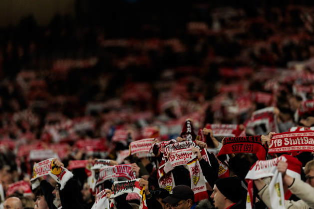STUTTGART, GERMANY - OCTOBER 20: Fans of VfB Stuttgart holding up scarfs before the UEFA Champions League match between VfB Stuttgart vs. Atletico de Madrid at Arena Stuttgart on matchday 3 of the UEFA Champions League on October 20, 2026 in Stuttgart, Germany. Baden-Wuerttemberg Germany Copyright: xSteffiexWunderlx