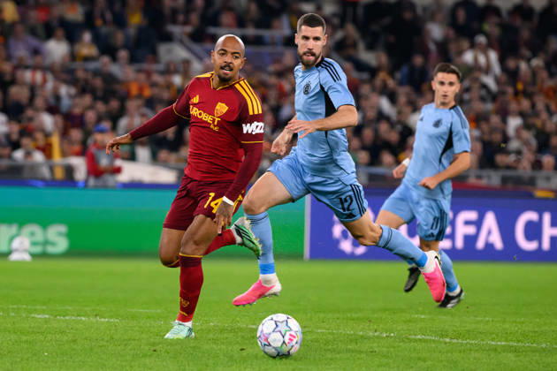 Donyell Malen of AS Roma and Kenan Bajric of Slovan Bratislava during the UEFA Champions League 2026 2027 football match between AS Roma and Slovan Bratislava at Stadio Olimpico in Rome (Italy), October 20, 2026. AndreaxStaccioli