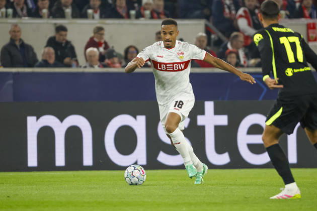 Jamie Leweling, VfB Stuttgart, 18 on the ball, Germany, soccer, UEFA Champions League, Matchday 3, 2026–2027, VfB Stuttgart vs. Atlético Madrid, October 20, 2026, Stuttgart Arena, Stuttgart, Germany Copyright: xGrantxHubbsx