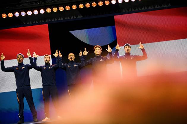 Netherlands Artistic Gymnastics World Championships 9269241 20.10.2026 Athletes of the Netherlands pose before the men s team final of the 2026 World Artistic Gymnastics Championships in Rotterdam, the Netherlands. Alexey Filippov Sputnik Rotterdam Netherlands  Copyright: xAlexeyxFilippovx