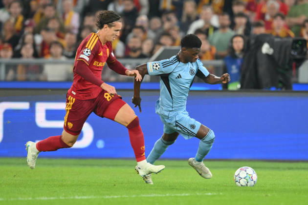 RECORD DATE NOT STATED 20th October 2026; Stadio Olimpico, Rome, Italy; UEFA Champions League Football, Roma versus Slovan Bratislava; Suleiman Camara of Slovan Bratislava under pressure from Daniele Ghilardi of Roma AllShotLive