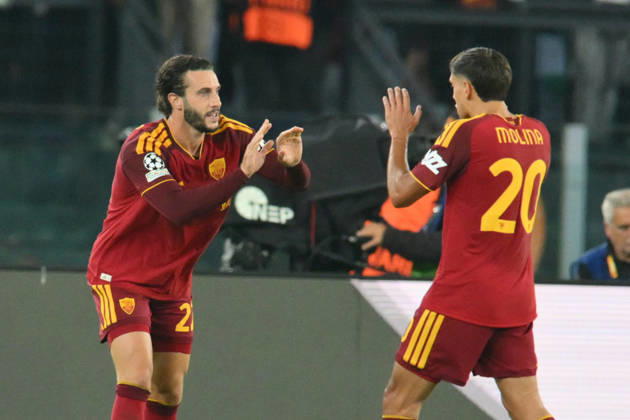 RECORD DATE NOT STATED 20th October 2026; Stadio Olimpico, Rome, Italy; UEFA Champions League Football, Roma versus Slovan Bratislava; Mario Hermoso of Roma celebrates with his teammate Nahuel Molina of Roma after scoring the 1-0 goal AllShotLive