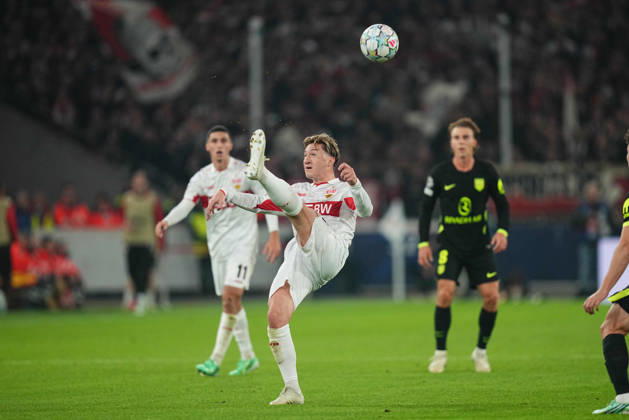 Angelo Stiller of VfB Stuttgart during the match between VfB Stuttgart and Atlético Madrid in the group stage of the UEFA Champions League at MHPArena in Stuttgart, Germany, on October 20, 2026. DeFodi Images