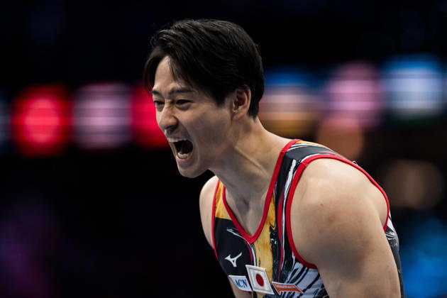 October 20, 2026: Fusuke Maeda of Japan celebrates after competing on the horizontal bar during the men’s team final on day four of the 2026 Artistic Gymnastics World Championships on October 20, 2026 in Rotterdam. Photo by Joel Marklund, BILDBYRÅN, code JM JM0861 bbeng artistic gymnastics gymnastics world championships team final celebration  Copyright: JOELxMARKLUND BB261020JM028
